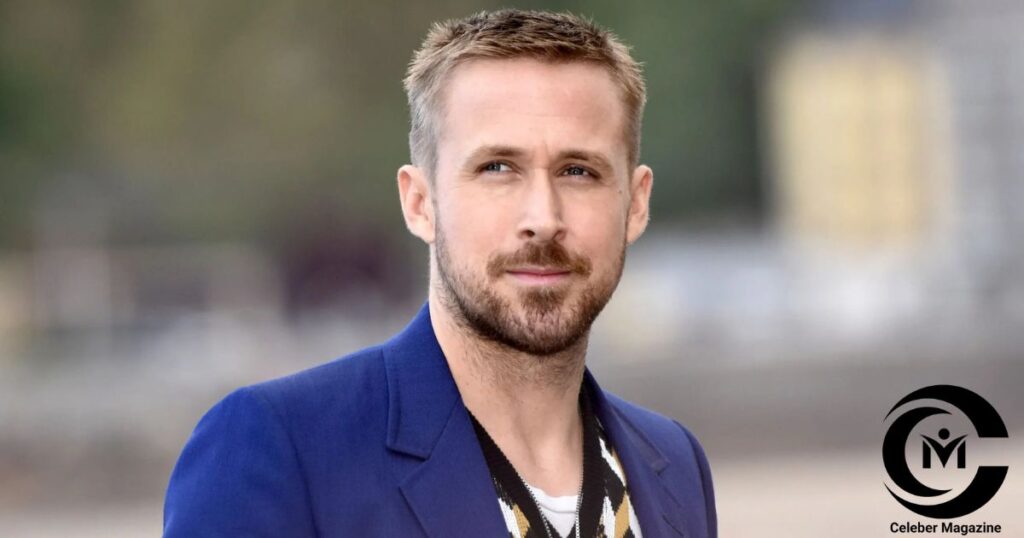 Ryan Gosling wearing a blue blazer and patterned shirt, looking off-camera with a neutral expression.