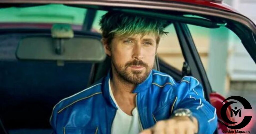 Ryan Gosling in a blue jacket sitting in a red car, looking ahead with a serious expression.