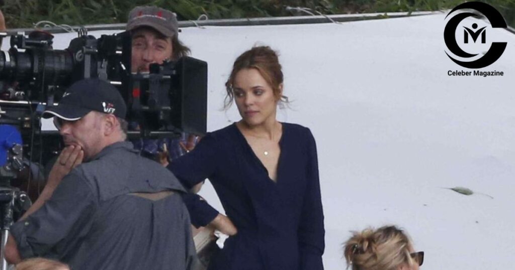 Rachel McAdams on a movie set during filming.