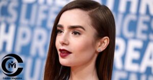 Lily Collins at a red carpet event, showcasing her elegant look and signature bold eyebrows.