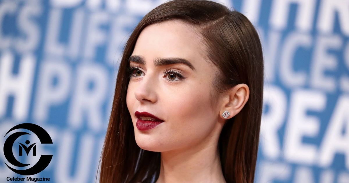 Lily Collins at a red carpet event, showcasing her elegant look and signature bold eyebrows.