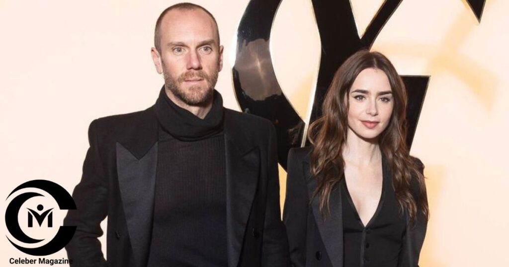 Lily Collins and a man posing together at a formal event, both wearing black outfits.