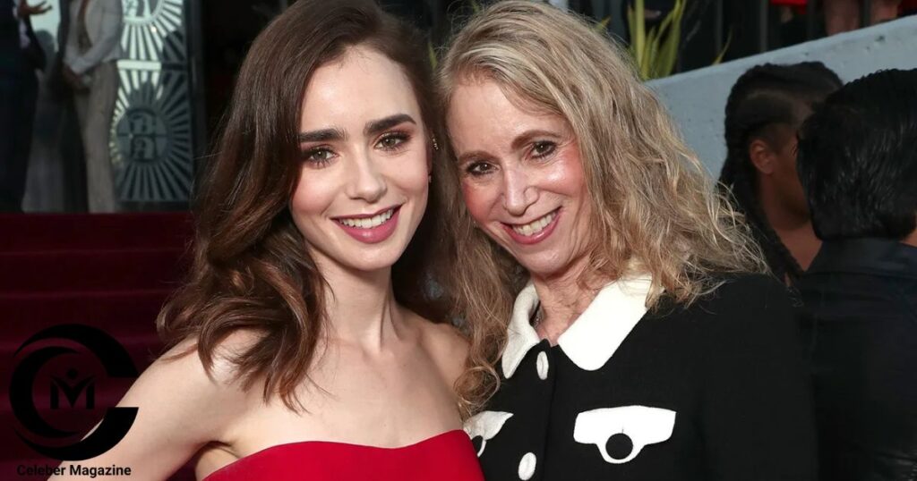 Lily Collins smiling with her mother, Jill Tavelman, at a public event.
